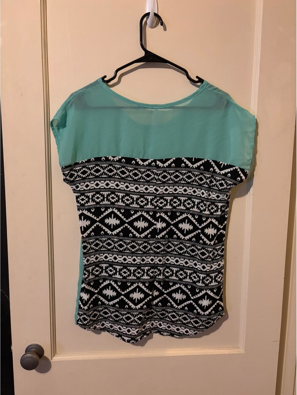 Flamingo Sheer Mint Green and Black Aztec Pattern Top with Pocket